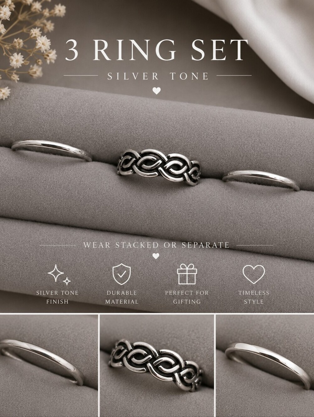 Interwoven Ring Trio Silver Tone
